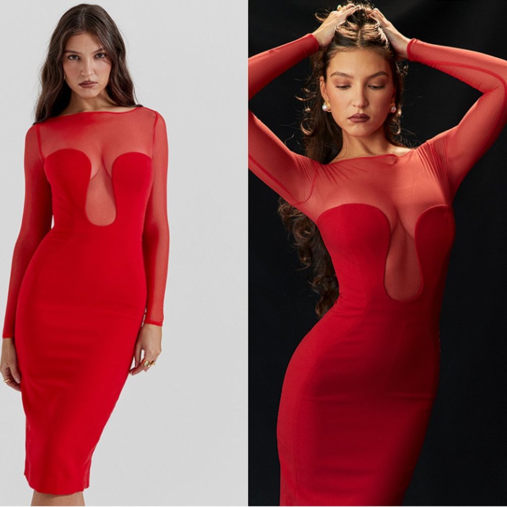 HOUSE OF CB 'Darcy' Scarlet Plunge Midi Dress NWOT